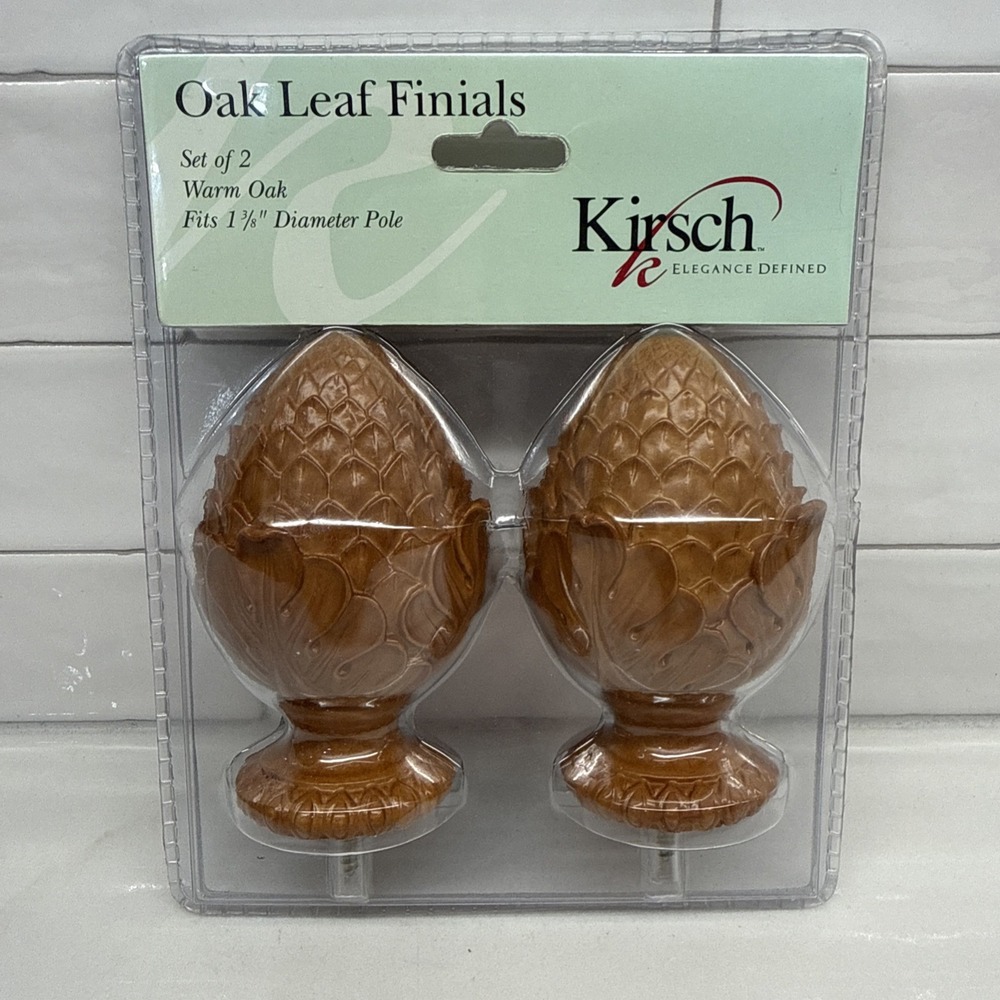 Vintage Pair of Kirsch (Warm Oak) Oak Leaf Finials Fits 1 3/8 Diameter Pole NOS